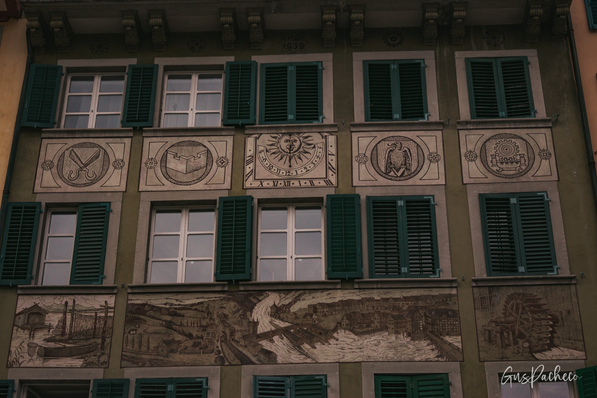 Historic sgraffito murals on a building at Mühlenplatz, Lucerne