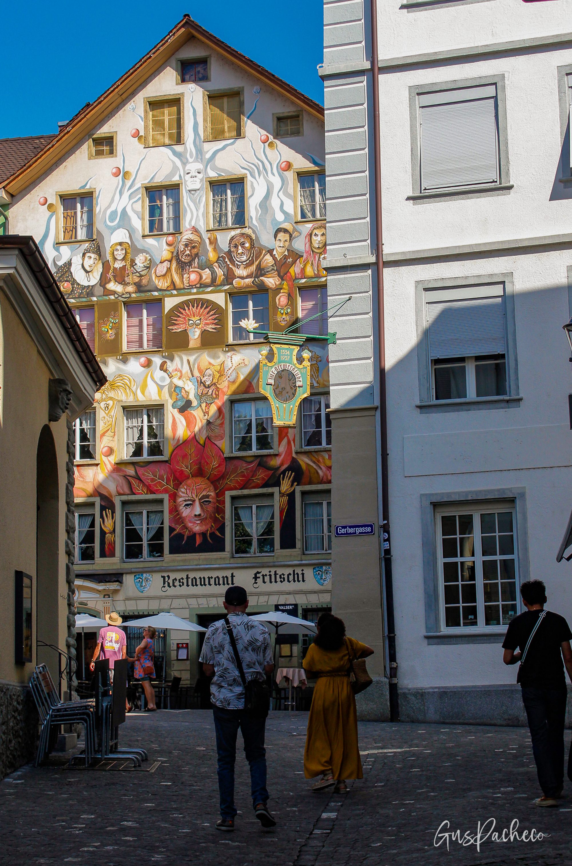 Fasnacht mural and Restaurant Fritschi at Sternenplatz, Lucerne