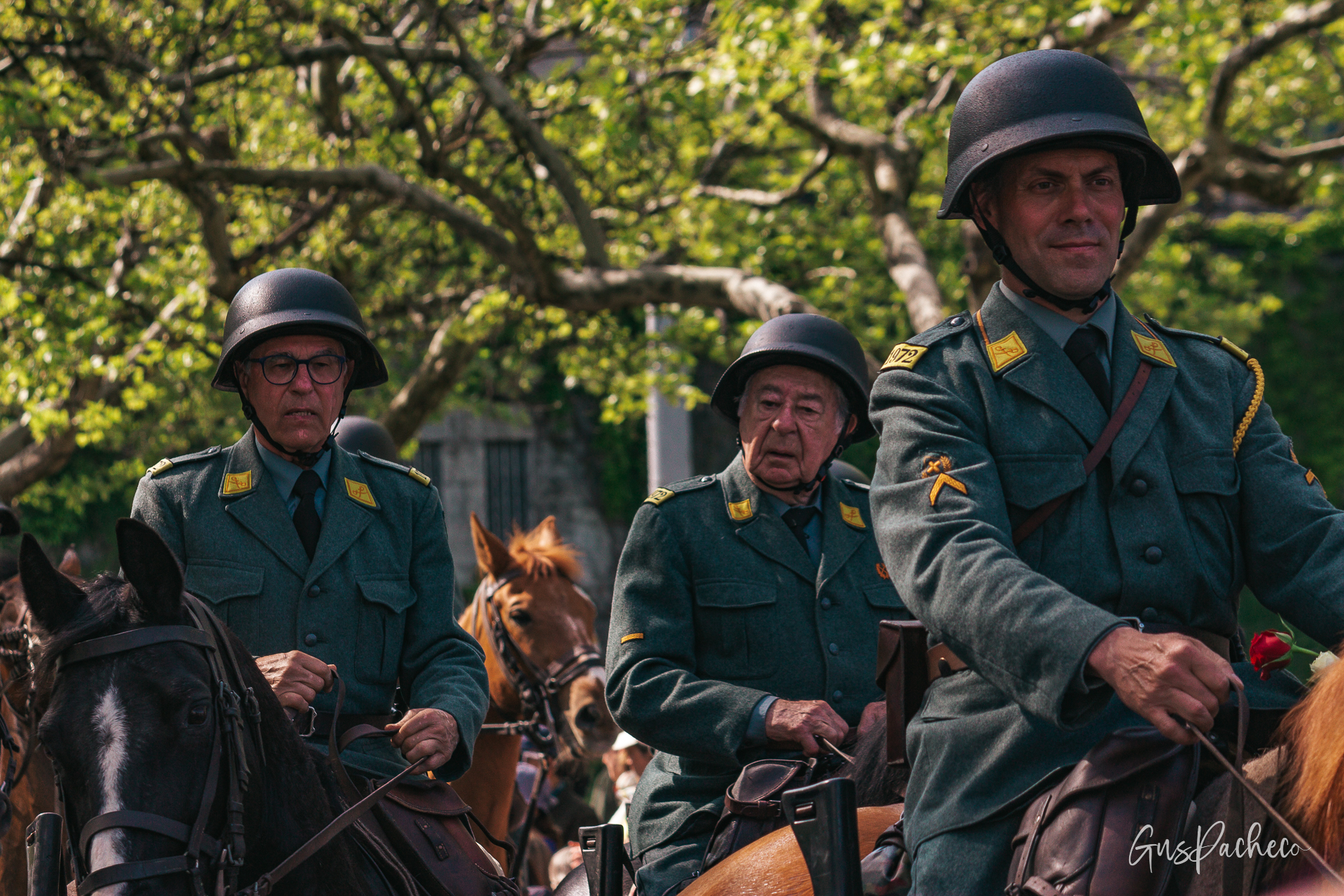 Sechseläuten — three military riders on horseback in WWII Swiss army uniforms